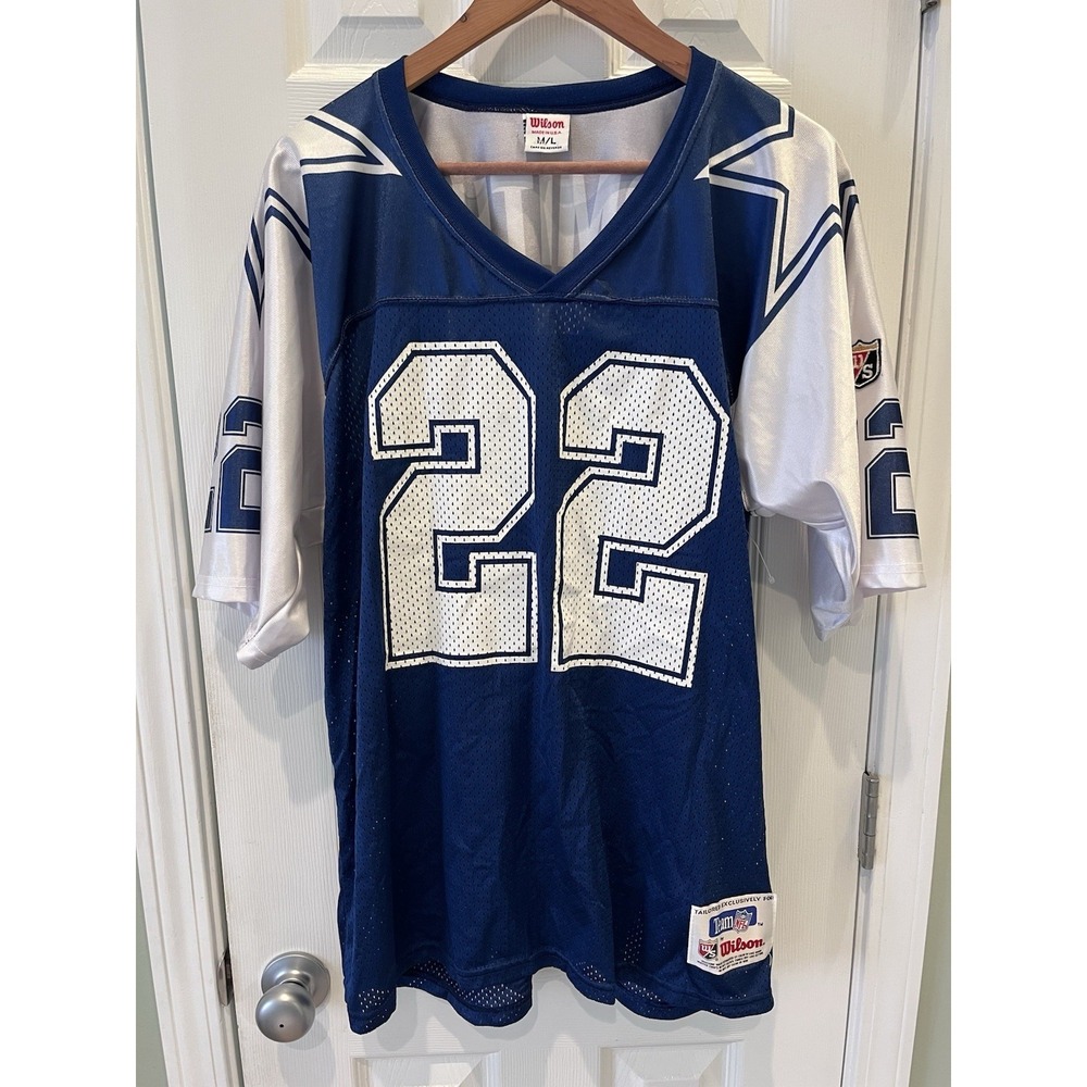 Vintage Wilson Dallas Cowboys Emmitt Smith #22 NFL Sz M/L Blue/White Jersey USA